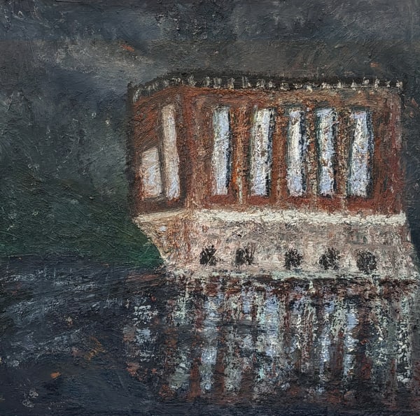 joanne holtje, lock building at night, 2024