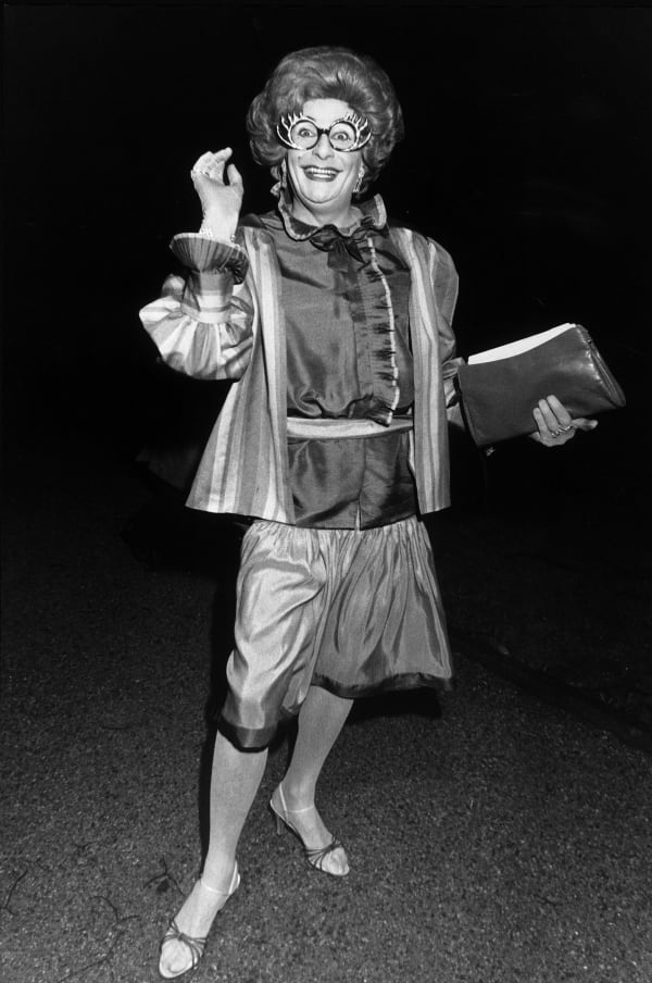 Michael Silver, Dame Edna Everage (Barry Humphries) at the Oxford Union , 1983