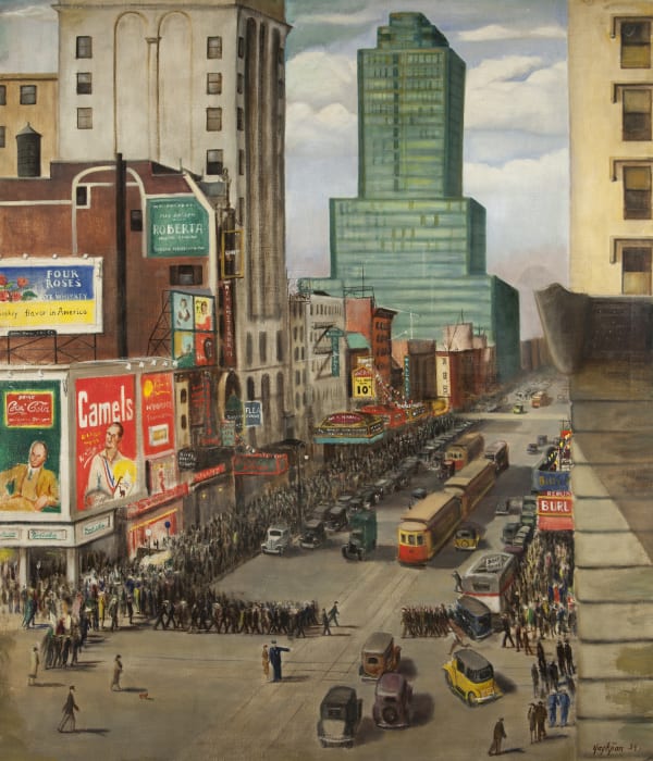Crowds cross W42nd Street at 7th Avenue with the McGraw-Hill Art Deco Tower behind in 1934.