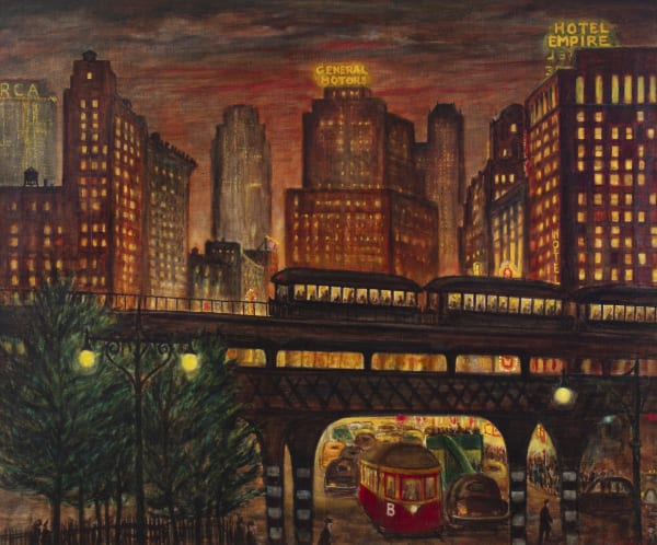 The EL (elevated railway) heads over Midtown with the Hotel Empire behind in 1938.