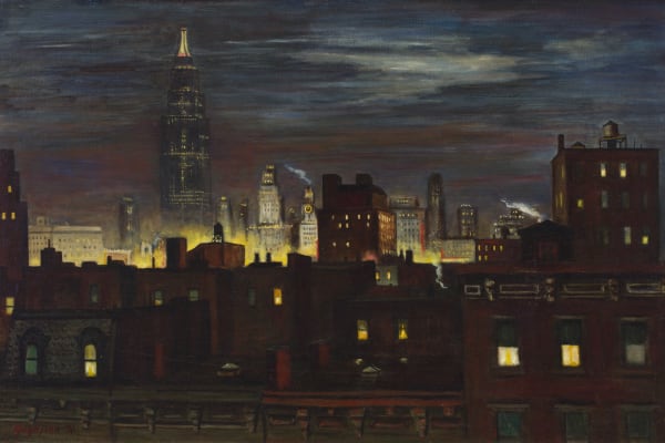 Over the rooftops: The Empire State Building is seen from artist Edmund Yaghjian’s home on W56th Street in 1936, with the lights of Times Square in between.