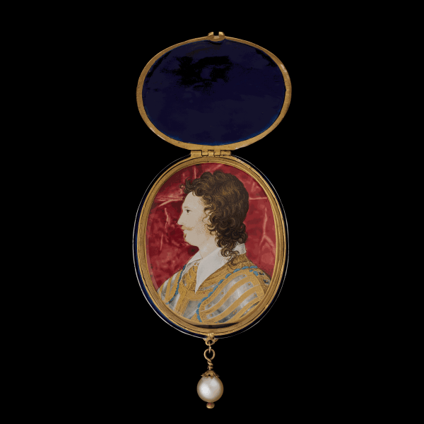 Nicholas Hilliard - A Gentleman, possibly Sir Robert Dudley (1574-1649) in profile, wearing Greenwich ‘white and gilt’ armour with lawn collar, red velvet curtain background, gold border, c. l590-95