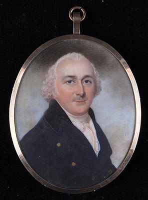 John Downman - A pair of portraits of Elizabeth and (John) George Durrance; she, wearing white dress with frilled lace border and white bandeau; he, wearing dark blue cat with black collar, his hair powdered and worn en queue (2), c. 1795