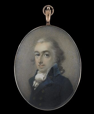 Abraham Daniel - Portrait miniature of a ‘Mr Gardner’, wearing double-breasted black coat, frilled white chemise and cravat, his hair powdered, late 18th century