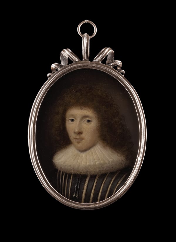 Cornelius Johnson - Portrait of a Lady, wearing lace trimmed dress, pearl earring and pearls at her neck, her hair worn in a long lock over her shoulder, c.1630