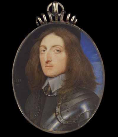 John Hoskins the Elder - Portrait miniature of a Gentleman, wearing doublet embroidered with coloured flowers, gold braid and buttons, falling lace ruff, grey hair and beard, blue background, c. 1620