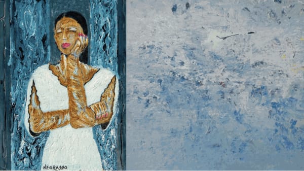 Pictured here: 'Lady in Waiting' and a detail of 'Blue Abstract'