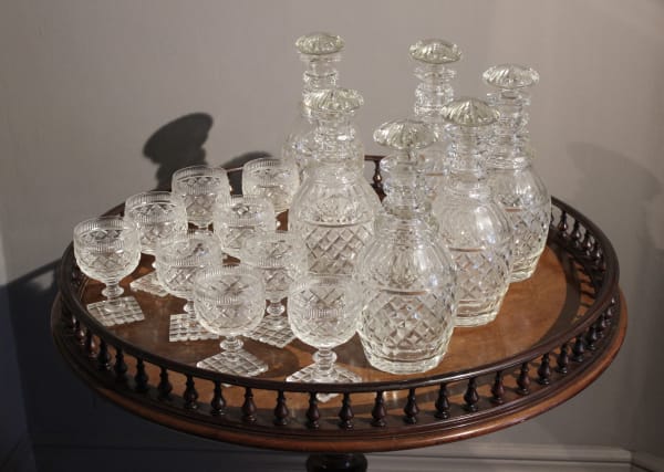 set of 19th century decanters and glasses. six decanters, ten glasses