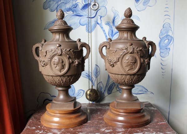 Pair of French terracotta portrait urns