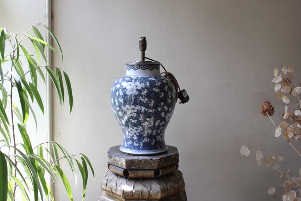 Good size 18th century Chinese vase with prunus decoration, later lamped