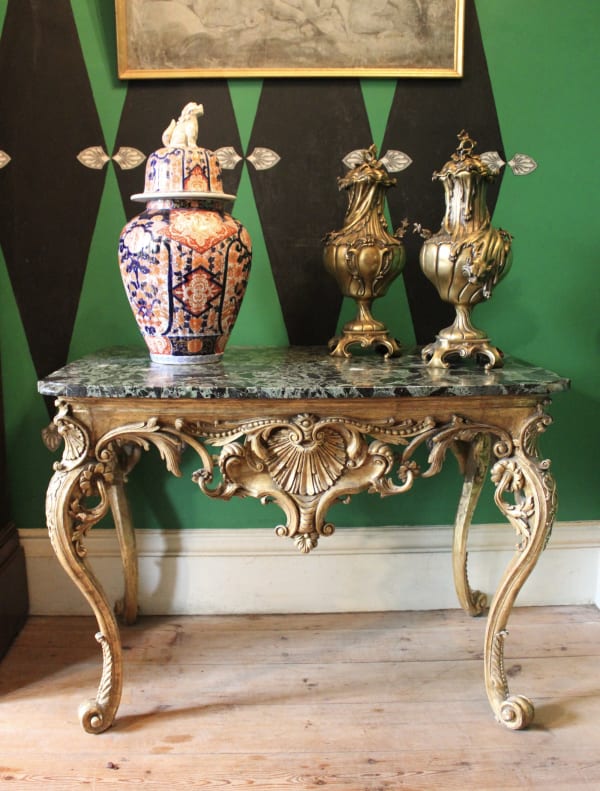 18th century carved giltwood rococo console table with marble top