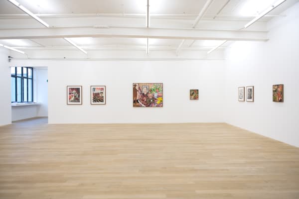 Installation view, Hernan Bas: Bloomsbury revisited, Galerie Peter Kilchmann, Zahnradstrasse, Switzerland, 2017, Photo Sebastian Schaub