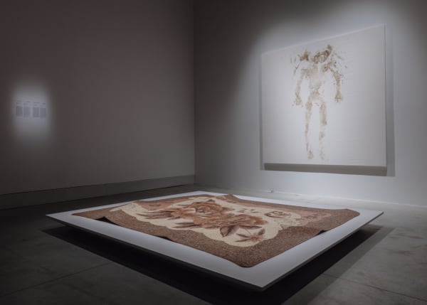 Installation view: Teresa Margolles, Tela Venezuelana, 2019, Human imprint on cloth, 210 × 210 cm, 60th International Art Exhibition – La Biennale di Venezia, Stranieri Ovunque – Foreigners Everywhere. Photo: Matteo de Mayda. Courtesy: La Biennale di Venezia