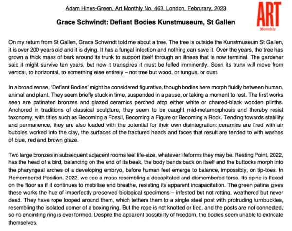 Grace Schwindt, Art Monthly