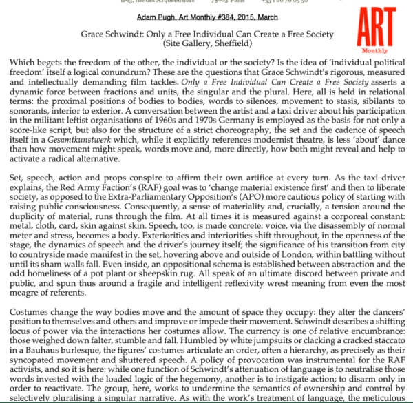 Grace Schwindt, Art Monthly