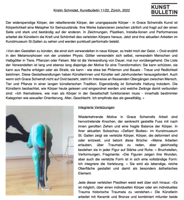 Grace Schwindt, Kunstbulletin