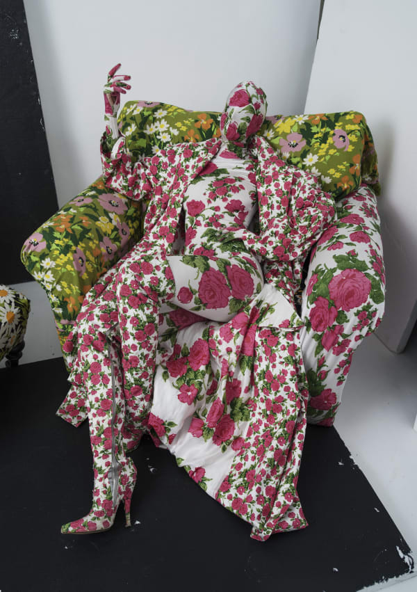 Richard Quinn’s, floral chair and living mannequin. London, 2016 © Tim Walker studio