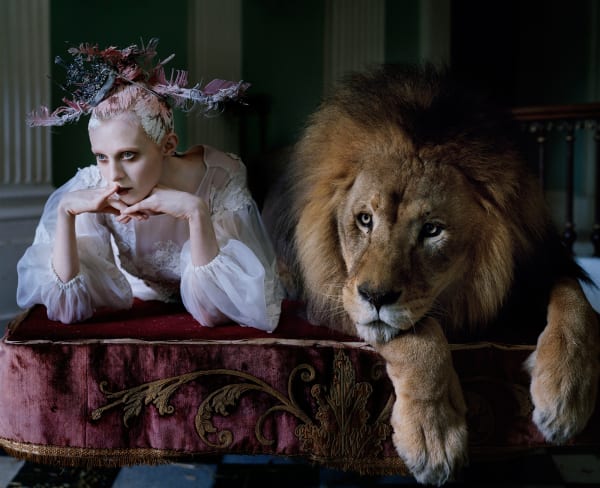 Tim Walker, Karen Elson & ‘Atlas’ the Lion on posing table, Shotover House, Oxfordshire 2013