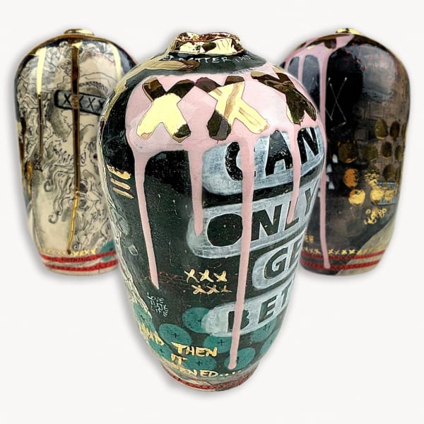Pietro Sanna Can Only Get Better hand-built earthenware clay, pink glaze, underglazes, coloured glazes, transparent gloss glaze, 24K gold lustre 21.5 x 12 cm 8 ½ x 4 ¾ in
