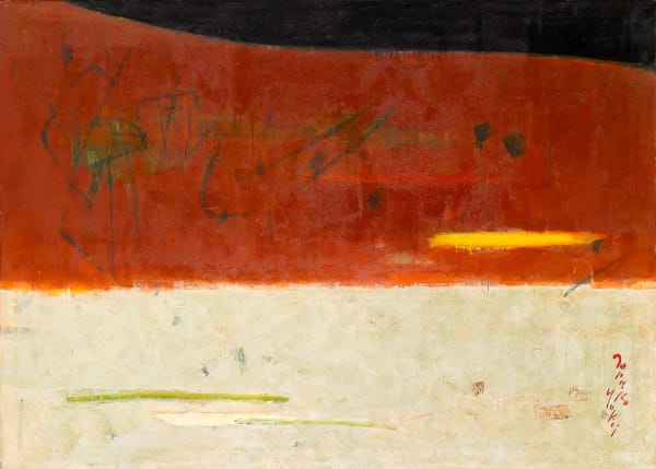 “Late Autumn” (1957), an abstract oil painting by Teruko Yokoi featuring a broad muted red field across the center against a pale ground, with subtle touches of green, black, and yellow. The composition has a calm, atmospheric quality that evokes an abstr