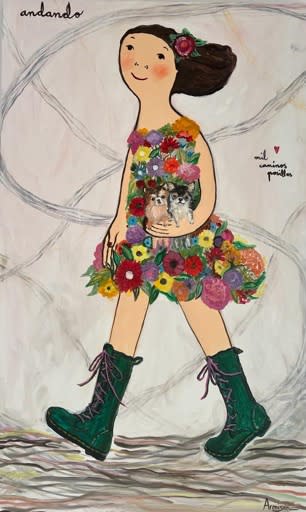 Andando by Eva Armisén — a radiant figure walks forward with confidence and tenderness, her floral dress and loyal companions symbolizing the beauty found along life’s journey