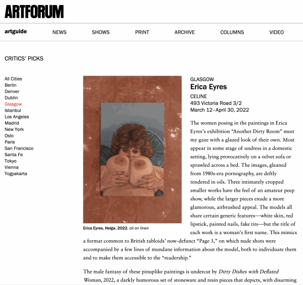 Erica Eyres featured in Artforum