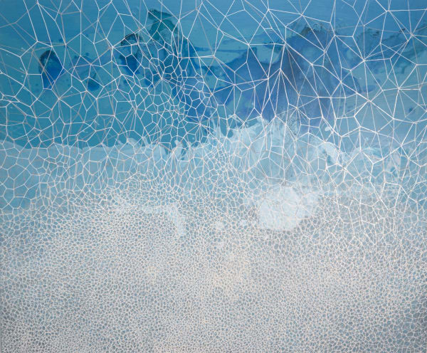 A network of white, grey and silver lines over a sky blue background