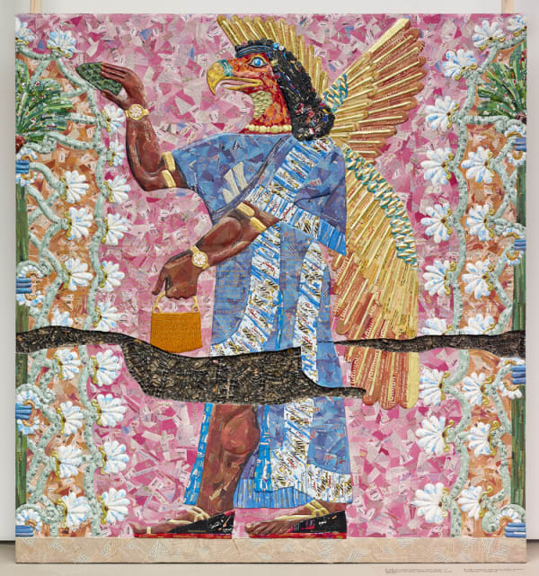 Michael Rakowitz, The invisible enemy should not exist (Room F, section 1, panel 10, Northwest Palace of Nimrud), 2019, Middle Eastern food packaging and newspapers, glue, cardboard on wooden structures and labels , 88.5 x 82.25 x 3.25 inches.