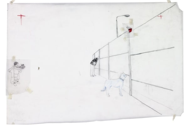 Preparatory drawing for Do we need shadows to remember? #2, 2013, graphite, felt-tip pen, and colored pencil on paper and tracing paper with tape, 15.75 × 19.75 inches. Images courtesy of the artist. Works © ADAGP Paris.