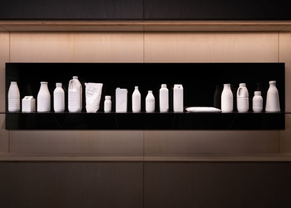 Lucy + Jorge Orta, Milk, 2010, 16 cast and lacquiered aluminum milk containers, lacquered glass, 98.4 x 31.5 x 7.9 inches. Installation view, Wellcome Collection, London