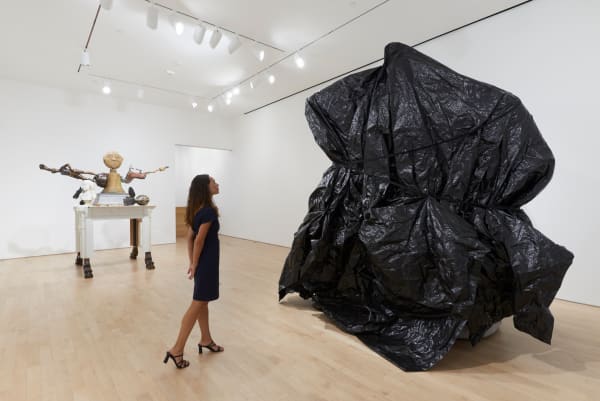 Installation view of Michael Rakowitz, The Monument, The Monster and The Maquette; left: “American Golem (2022); right: “Behemoth” (2022) (photo by Arturo Sanchez, image courtesy the artist and Jane Lombard Gallery)