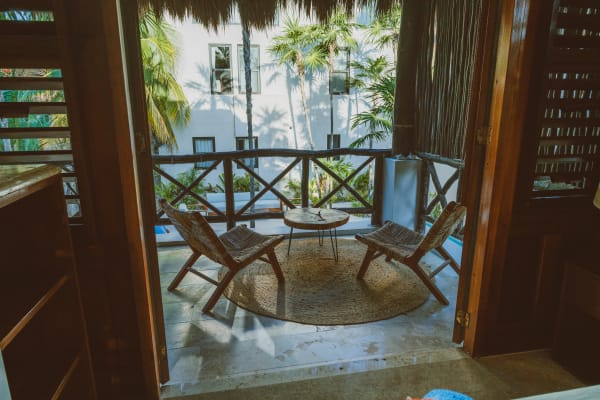 Casita balcony view out to courtyard & pool