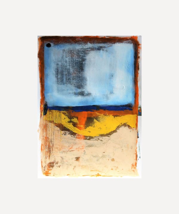 Abstract painting titled Gaze of Desire, featuring a horizon-like composition of blues, yellows, and ochres framed by burnt sienna tones. The piece evokes depth, warmth, and longing, symbolising the emotional energy of desire and possibility.