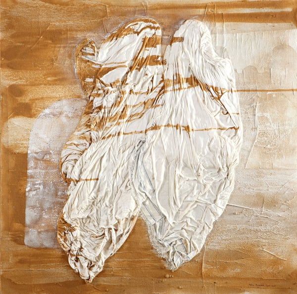Meriem Bouderbala, Bedouinas III, 2013, Acrylic, textile, pigments and collage on panel, 50x150 cm