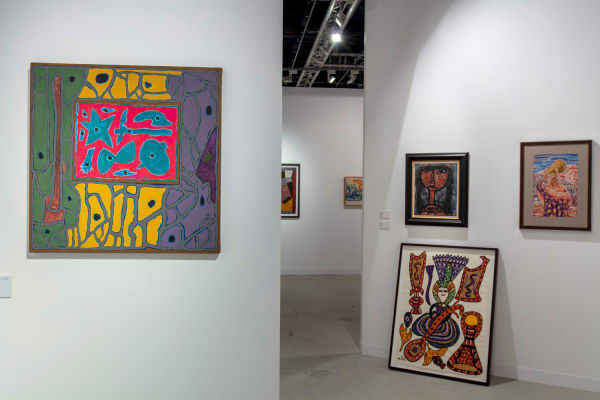 From left to right: Abderrazak Sahli, Untitled, 2005; Hatim Elmekki, Untitled, Circa 1955; Baya Mahieddine, Femme oude à la cithare, 1984