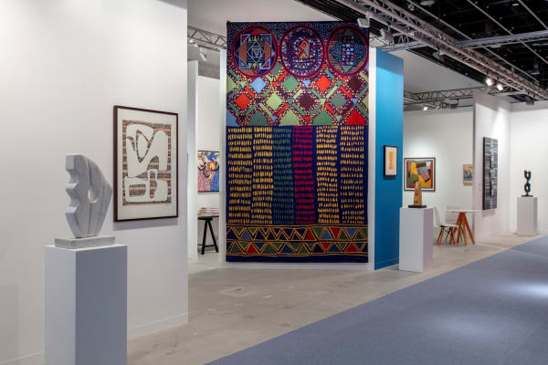 From left to right: Mona Saudi,The Seagull, Circa 2002; Mona Saudi, Waves, 1997; Rachid Koraichi, Untitled, 1989; Mona Saudi, Illuminations, 1999; Mona Saudi, Sunrise; Adam Henein, Sans titre, 1983; Mahjoub Ben Bella, South Afrika, 1985; Alfred Basbous, L'Étreinte, 1990