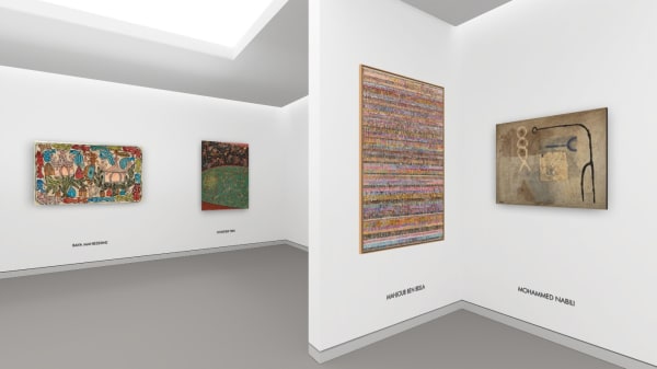 From left to right: Baya Mahieddine, L'île enchantée, 1973; Gouider Triki, Le prix de la liberté, 2014; Mahjoub Ben Bella, Untitled, Circa 1980; Mohammed Nabili, Composition abstraite, Circa 1986