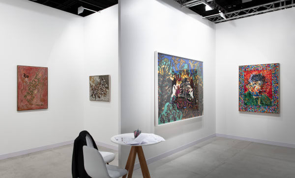 From left to right: Mohammed Khadda, Composition; Mohammed Khadda, Manifestation, Circa 1960/65; Baya Mahieddine, Femmes, 1964; Mahjoub Ben Bella, Portrait de Van Gogh