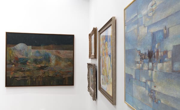 From left to right: Abdallah Benanteur, Du côté de chez A, 1976; Ammar Farhat, Femmes dans un café, 1956; Ammar Farhat, Untitled; Zoubeir Turki, Au Café; Abdallah Benanteur, Ouverte sur l'exil, 1962, Oil on canvas, 114 x 146 cm