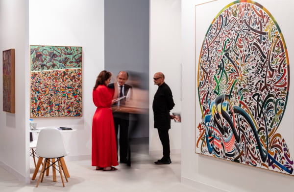 From left to right: Gouider Triki, Face au Soleil, 2015; Gouider Triki, Fantômes et miniatures grouillantes, 2018; Nja Mahdaoui, Boreal I, 2018