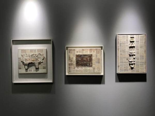 From left to right: Mahjoub Ben Bella, Composition abstraite, 1984; Mahjoub Ben Bella, Composition abstraite, 1984; Mahjoub Ben Bella, Ecritures Imaginaires, 1983