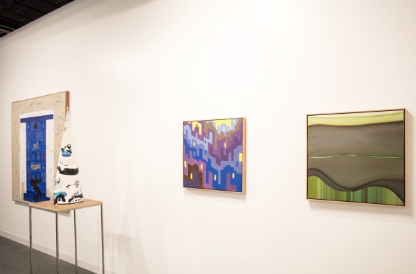 From left to right: Khaled Ben Slimane,Ya Latif II, 2016; Khaled Ben Slimane, Blue Cone, 2013; Nejib Belkhodja, Première lueur, 2006; Huguette Caland, Grimace I, 1980