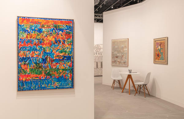 From left to right: Mahjoub Ben Bella, Paysage à Oostduikerke II, 2012; Baya Mahieddine, Femme et végétations, Circa 1945; Abdelkader Guermaz, Méandres D'astralité, 1978