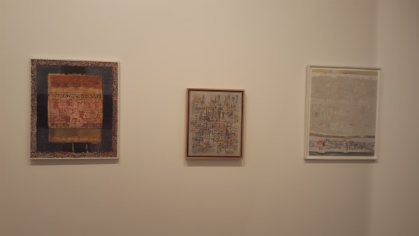 From left to right: Mahjoub Ben Bella, Untitled, 1986; Abdelkader Guermaz, Arabesque de C. Debussy, 1965; Abdelkader Guermaz, Composition, 1975