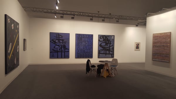 From left to right: Khaled Ben Slimane, Howa, 2015; Rachid Koraichi, Lettre Bleue à ma mère, 2015; Baya Mahieddine, Femme à la robe rouge et verte, 1973; Mahjoub Ben Bella, Untitled, Circa 1980