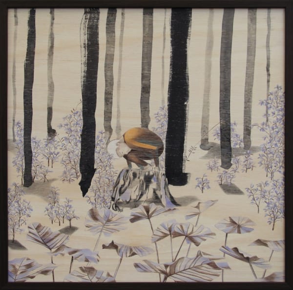 Hiding Apple Wong Acrylic Ink Color Pencil On Wood 52 X 52 Cm 2016 800X791