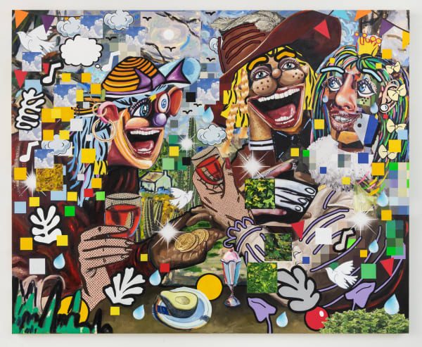 Allison Zuckerman Bar Scene, 2022 Oil, Acrylic, Archival CMYK ink on canvas 165 x 203 cm. 65 x 80 in.