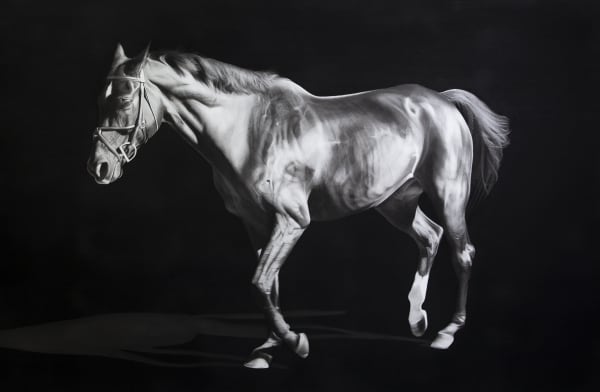 Luisi Mera Caballo II, 2023 Charcoal on paper mounted on wooden panel 121.9 x 182.9 cm. 48 x 72 in.