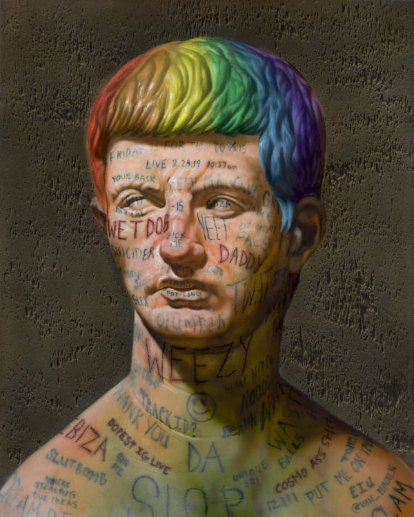 Christian Rex van Minnen Little Man with Live Instagram Video Comment Tattoos, 2019 Oil on linen