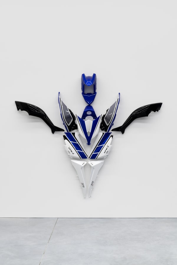 Julien Boudet Super T-MAX, 2021 Disassembled motorcycle parts 546 x 648 x 91 cm. 215 x 255 x 36 in.